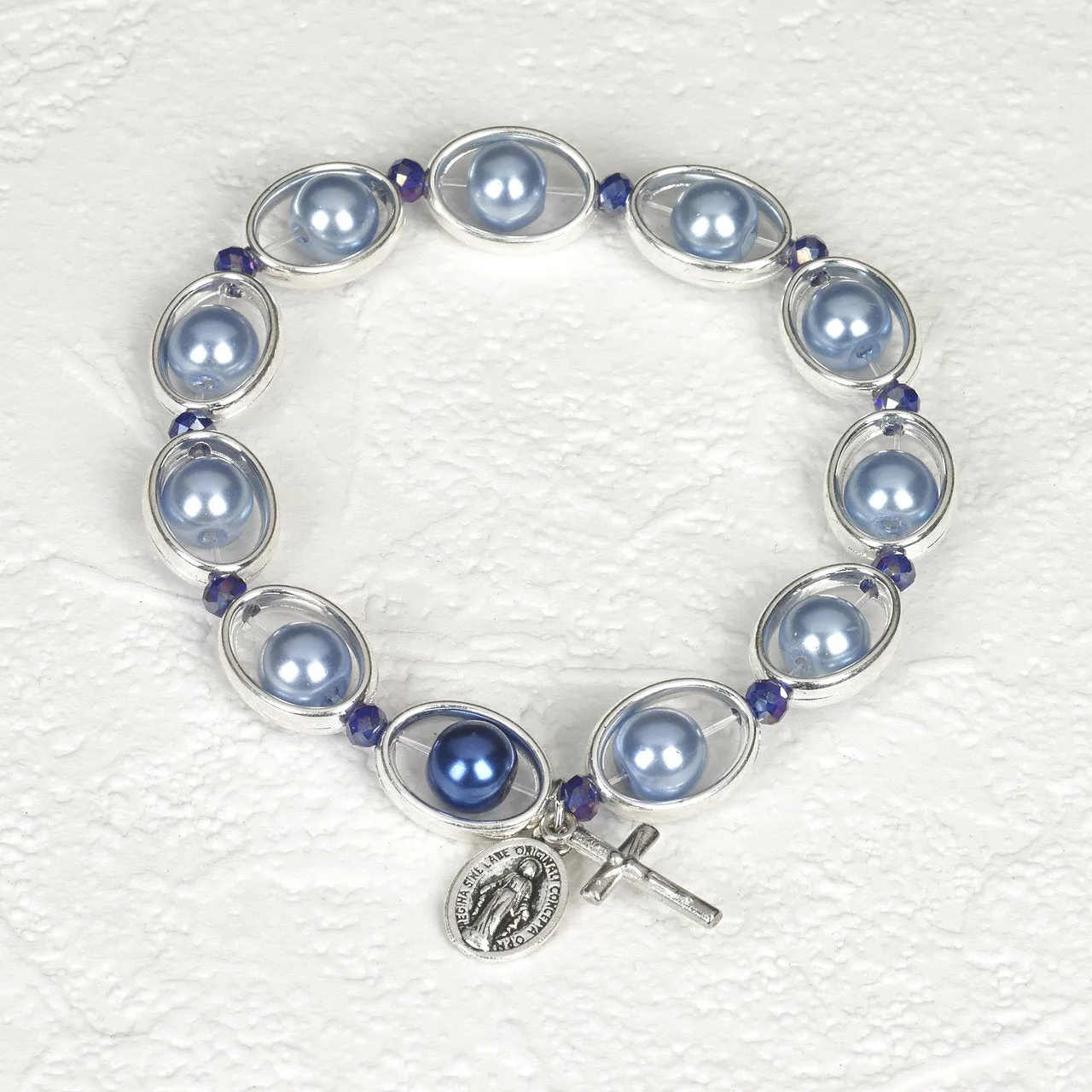 Blue Imitation Pearl and Silver tone Oval Rosary Stretch Bracelet