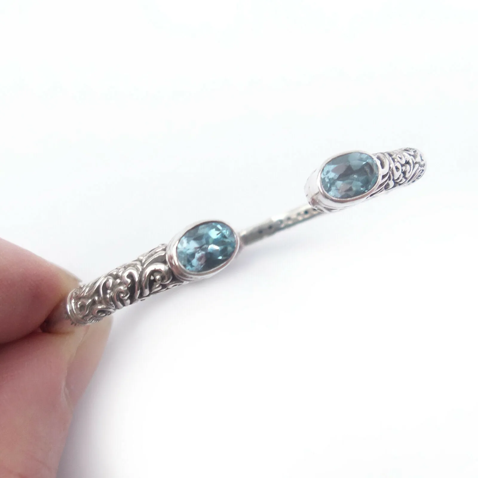 Blue Topaz Bracelet Solid .925 Sterling Bali Silver Filigree Cuff Jewelry Gift