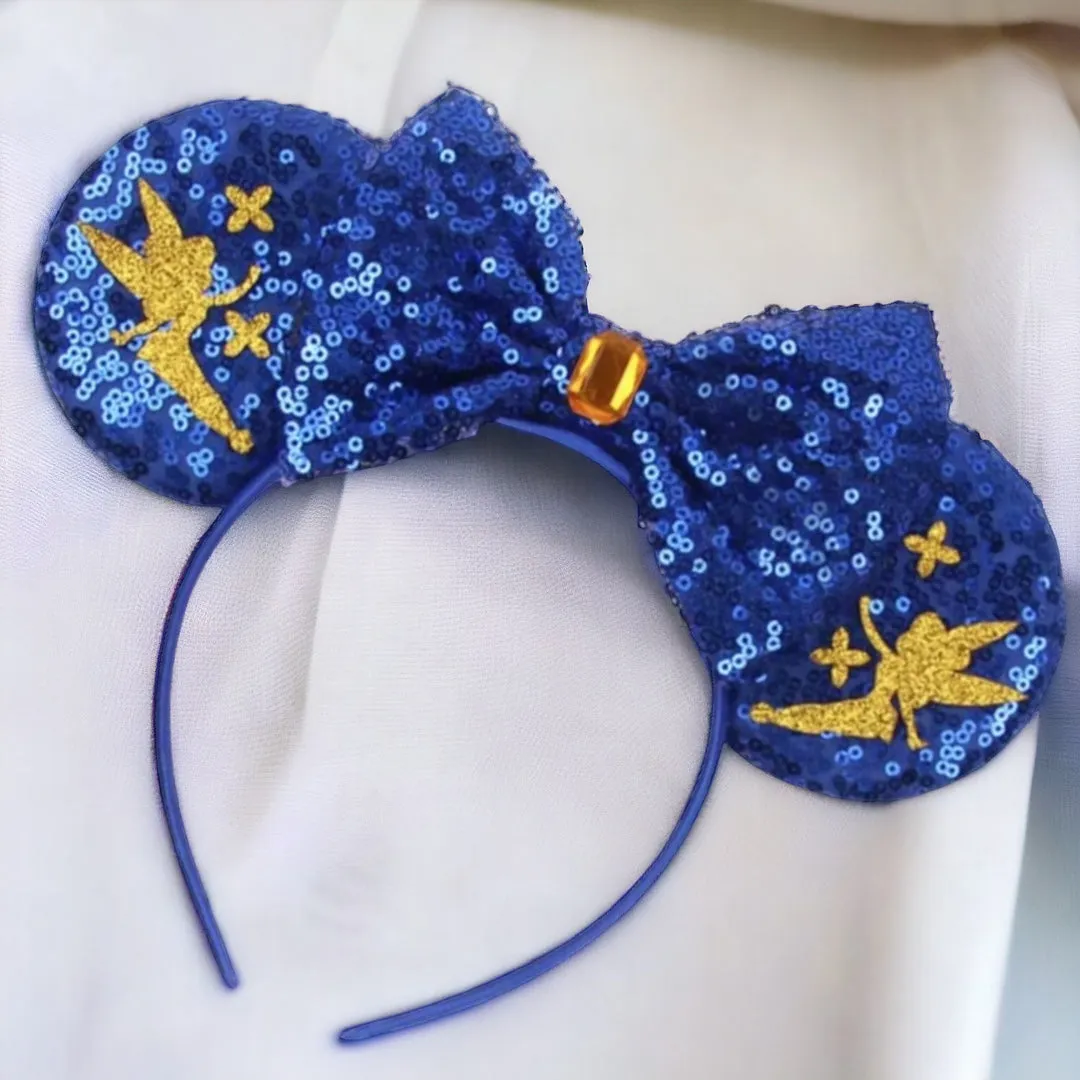 Brand New Tinkerbell Headband w/ Blue Sequin Bow & Gold Gemstone - Disney Inspired!