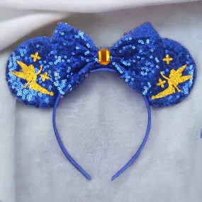 Brand New Tinkerbell Headband w/ Blue Sequin Bow & Gold Gemstone - Disney Inspired!