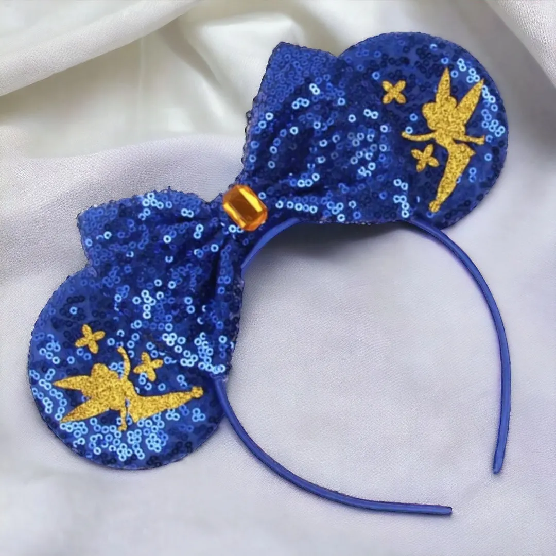 Brand New Tinkerbell Headband w/ Blue Sequin Bow & Gold Gemstone - Disney Inspired!