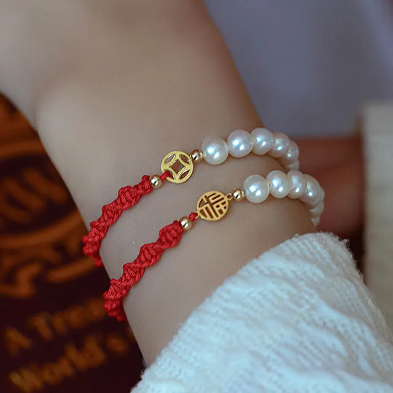 Buddha Stones 14K Gold Plated Pearl Bead Luck Protection Braid Red String Bracelet