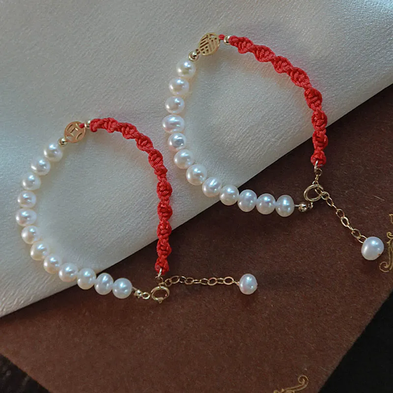 Buddha Stones 14K Gold Plated Pearl Bead Luck Protection Braid Red String Bracelet