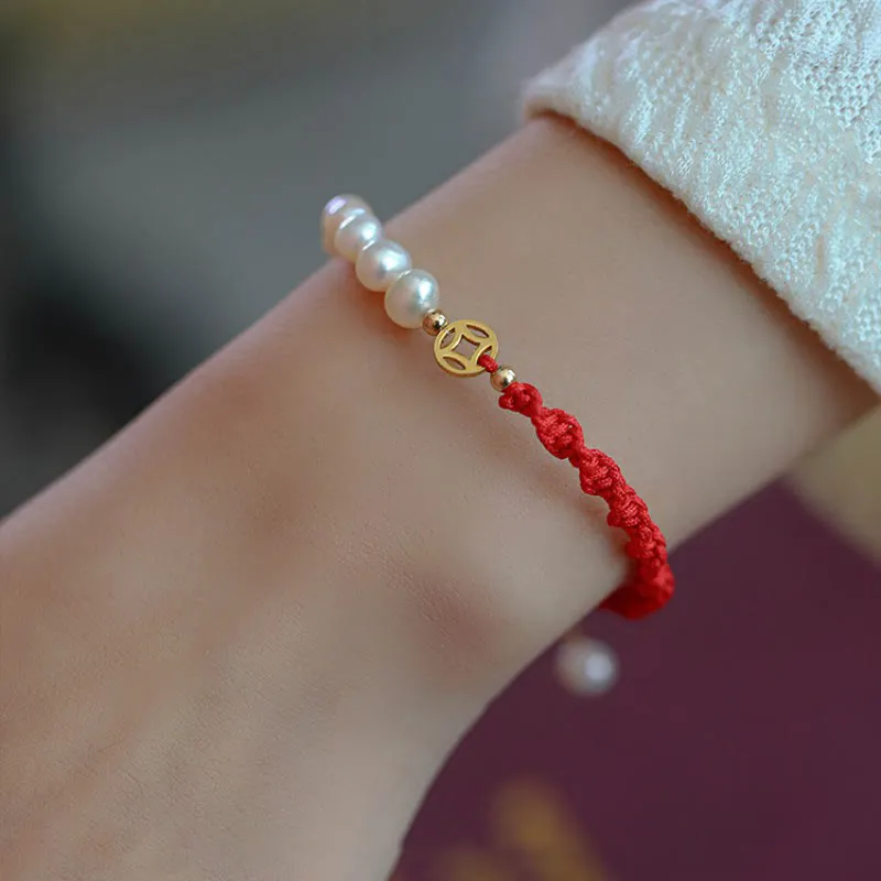 Buddha Stones 14K Gold Plated Pearl Bead Luck Protection Braid Red String Bracelet