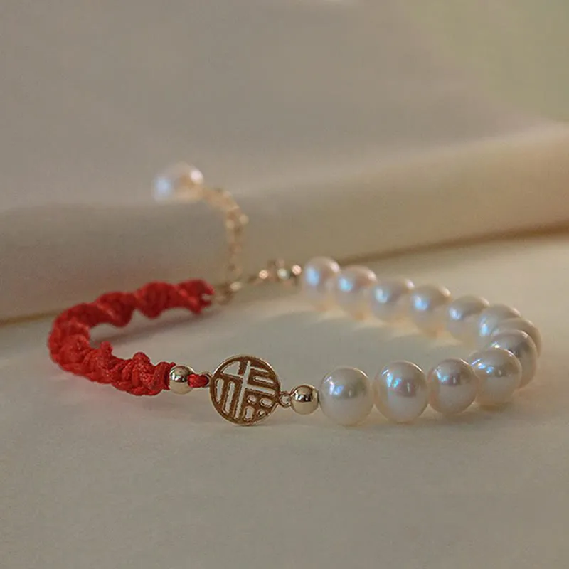 Buddha Stones 14K Gold Plated Pearl Bead Luck Protection Braid Red String Bracelet