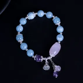 Buddha Stones 925 Sterling Silver Natural Aquamarine Amethyst Lotus Healing Charm Bracelet