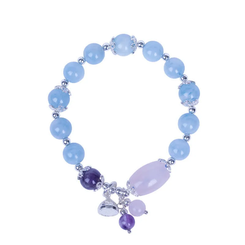 Buddha Stones 925 Sterling Silver Natural Aquamarine Amethyst Lotus Healing Charm Bracelet