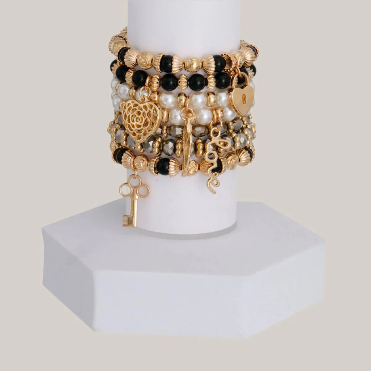 Charmed Life Gold-Tone Bracelet Stack Black Bead and Pearl