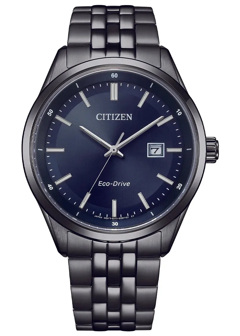 CITIZEN GENTS ECO-DRIVE BLUE DIAL GUN METAL STAINLESS STEEL BM7567-50L