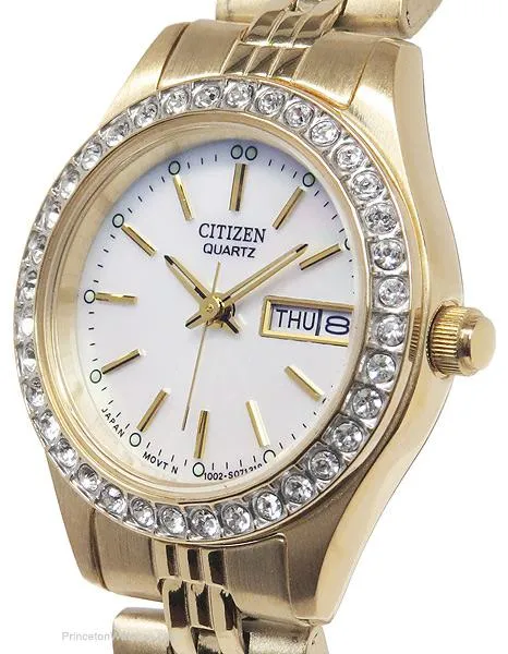 Citizen Quartz Gold-Tone Crystal Ladies Watch - MOP Dial - Bracelet - Day/Date