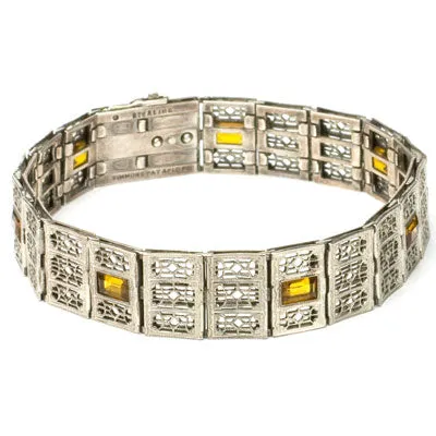 Citrine & Sterling Filigree Art Deco Bracelet by Simmons