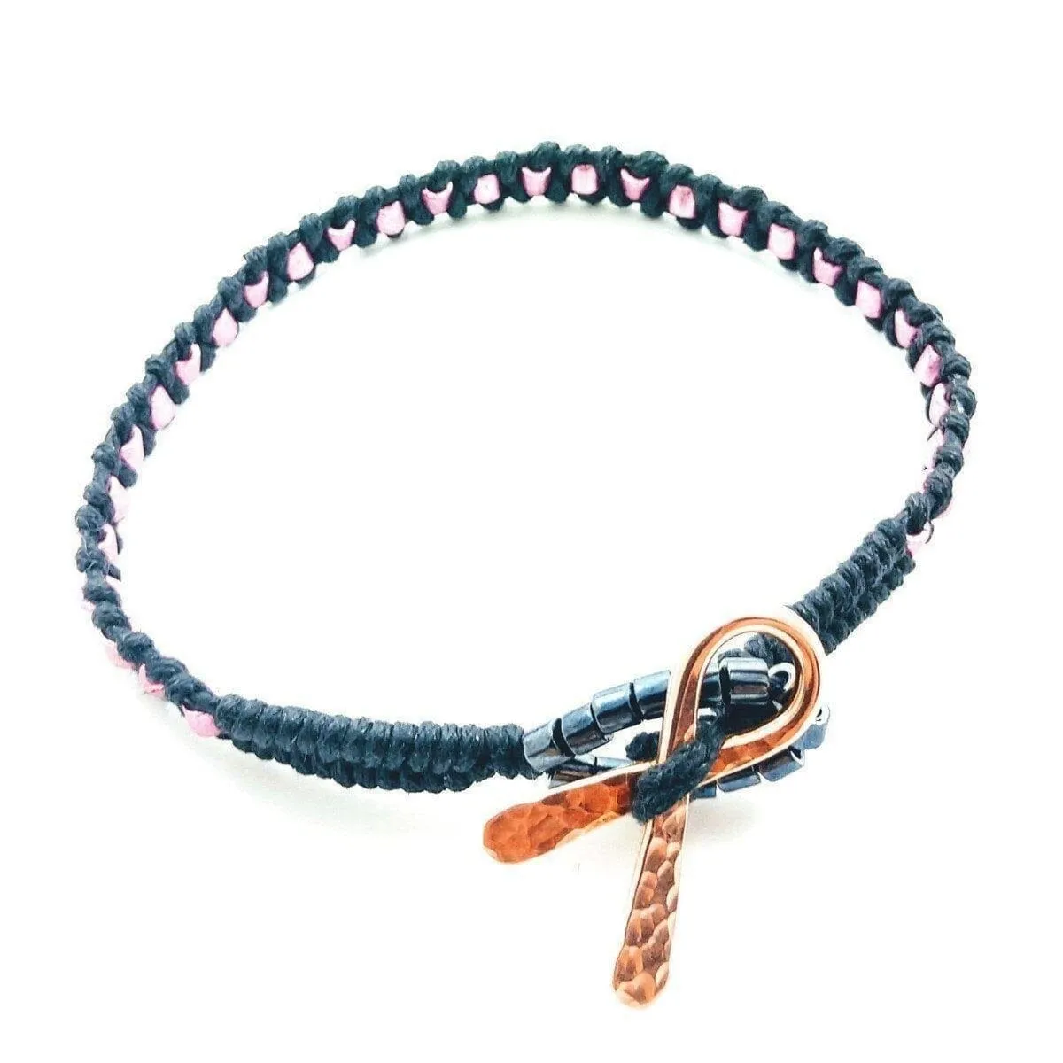 Copper Ribbon  Pink Braided Breast Cancer Rattle Tail Bracelet