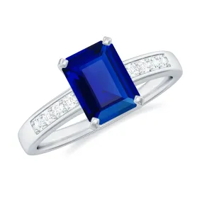 Created Blue Sapphire Solitaire Ring with Diamond