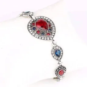 Crimson and Cobalt Crystal Tear Drop Vintage Filigree Milgrain Inspired Silver Bracelet for Women Boho