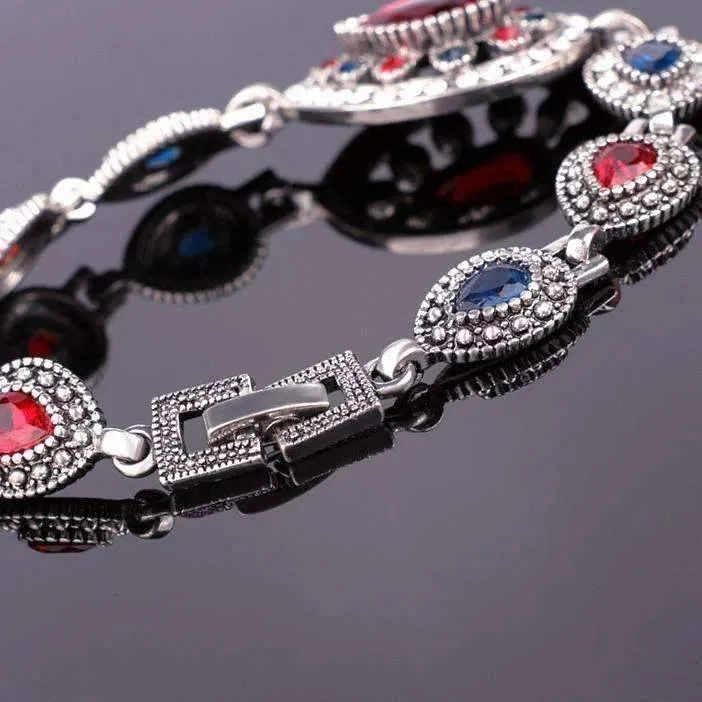 Crimson and Cobalt Crystal Tear Drop Vintage Filigree Milgrain Inspired Silver Bracelet for Women Boho