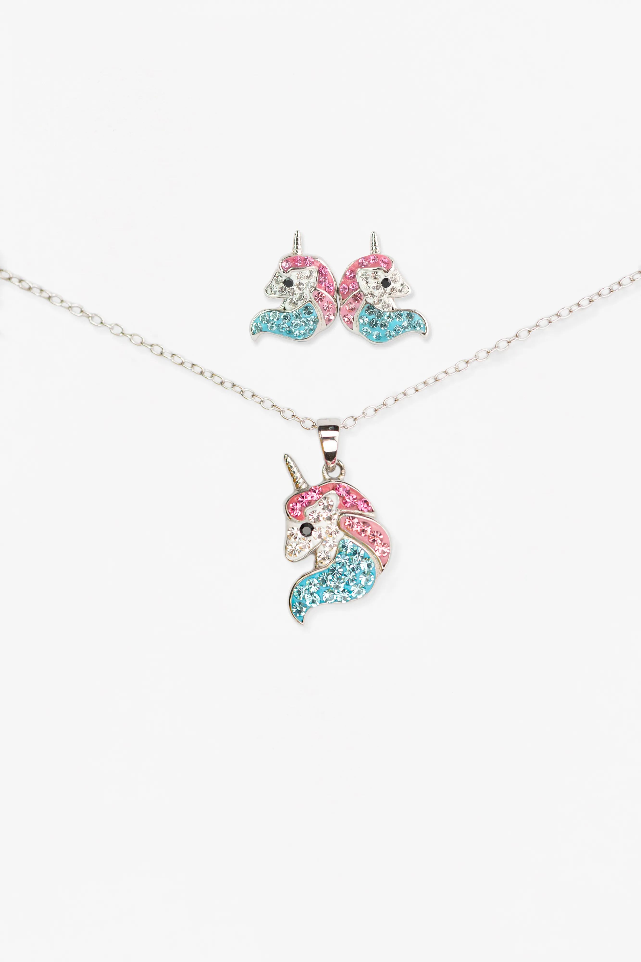 Crystal Unicorn Sterling Silver Stud Earrings & Necklace Set