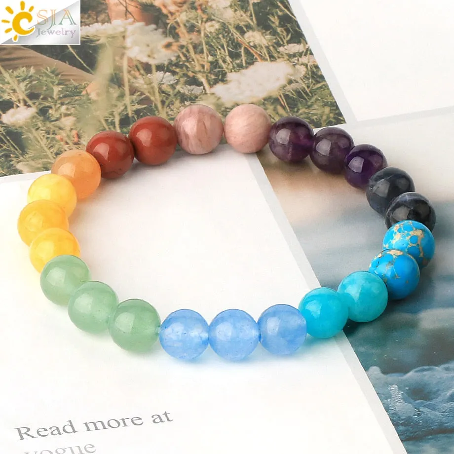 CSJA Healing 7 Chakras Bracelet for Women Natural Stone Crystal Bracelets Femme 2020 Reiki 8mm Round Beads Amulet Bangle S552