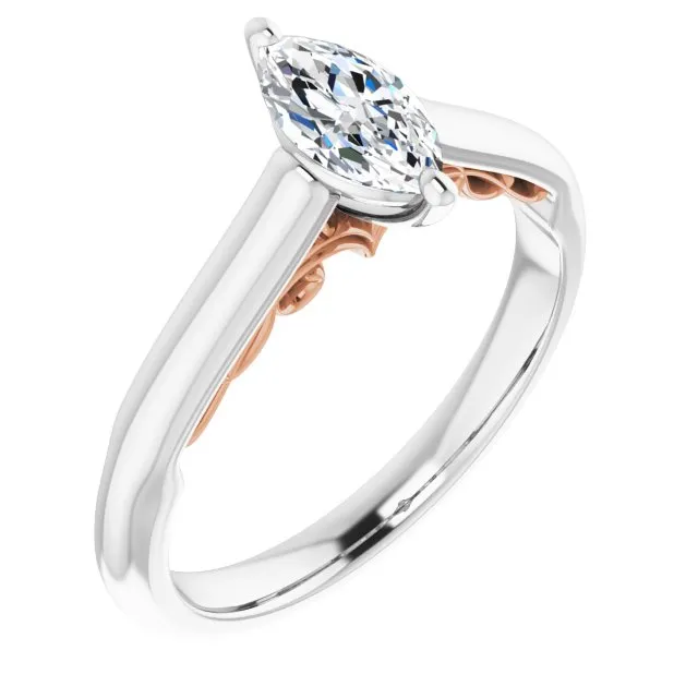 Cubic Zirconia Engagement Ring- The Adelaide (Customizable Marquise Cut Cathedral Solitaire with Two-Tone Option Decorative Trellis 'Down Under')