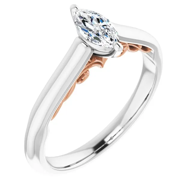 Cubic Zirconia Engagement Ring- The Adelaide (Customizable Marquise Cut Cathedral Solitaire with Two-Tone Option Decorative Trellis 'Down Under')