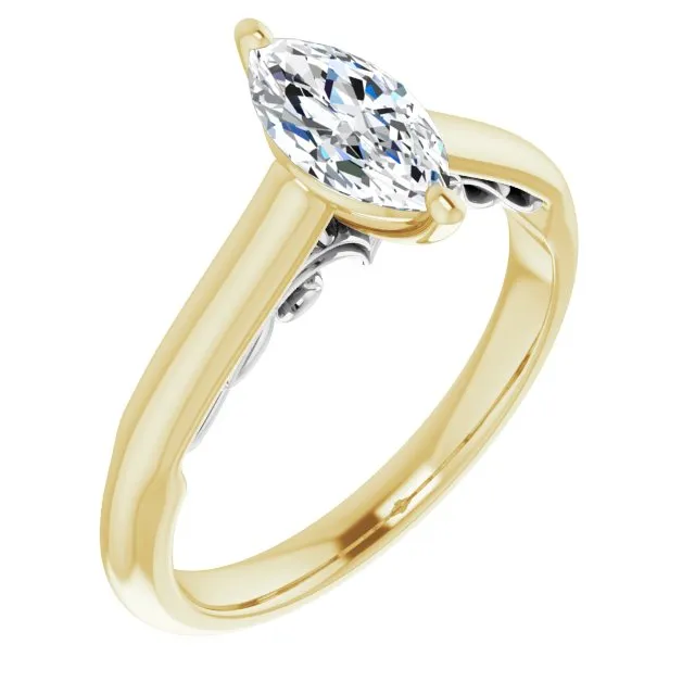 Cubic Zirconia Engagement Ring- The Adelaide (Customizable Marquise Cut Cathedral Solitaire with Two-Tone Option Decorative Trellis 'Down Under')