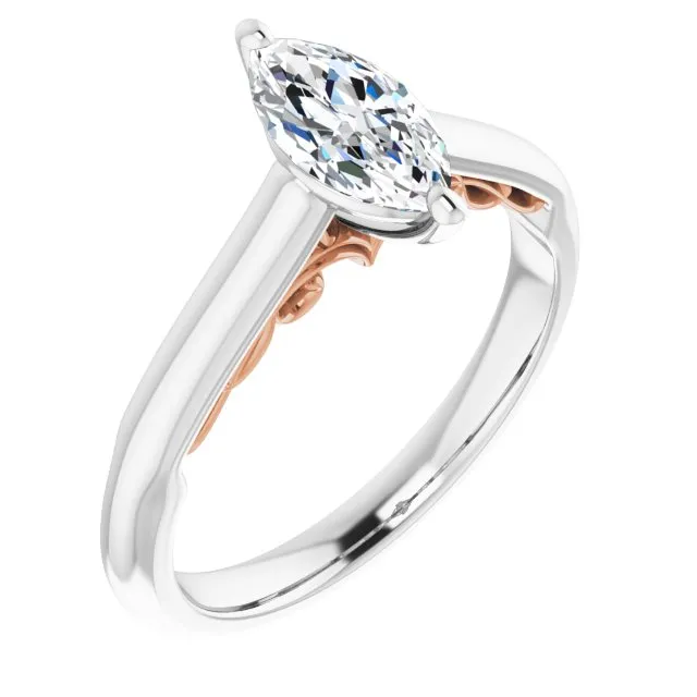 Cubic Zirconia Engagement Ring- The Adelaide (Customizable Marquise Cut Cathedral Solitaire with Two-Tone Option Decorative Trellis 'Down Under')