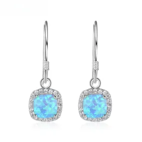 Cushion Cut Blue Opal Pendant Zircon Soleste Halo Sterling Silver Hook Earrings