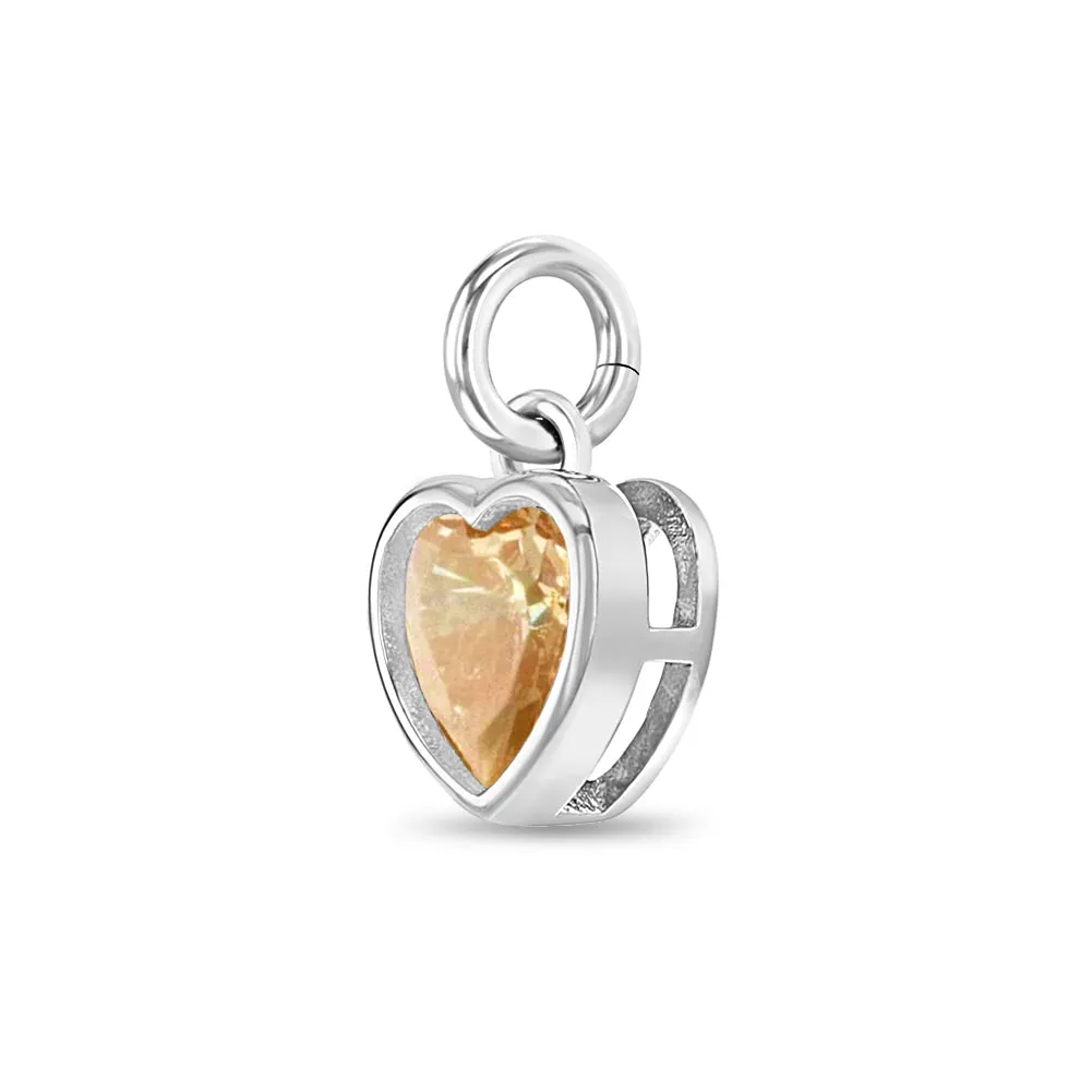 CZ Birthstone Heart Charm November – Citrine Kids / Children's / Girls for Charm Bracelet - Sterling Silver