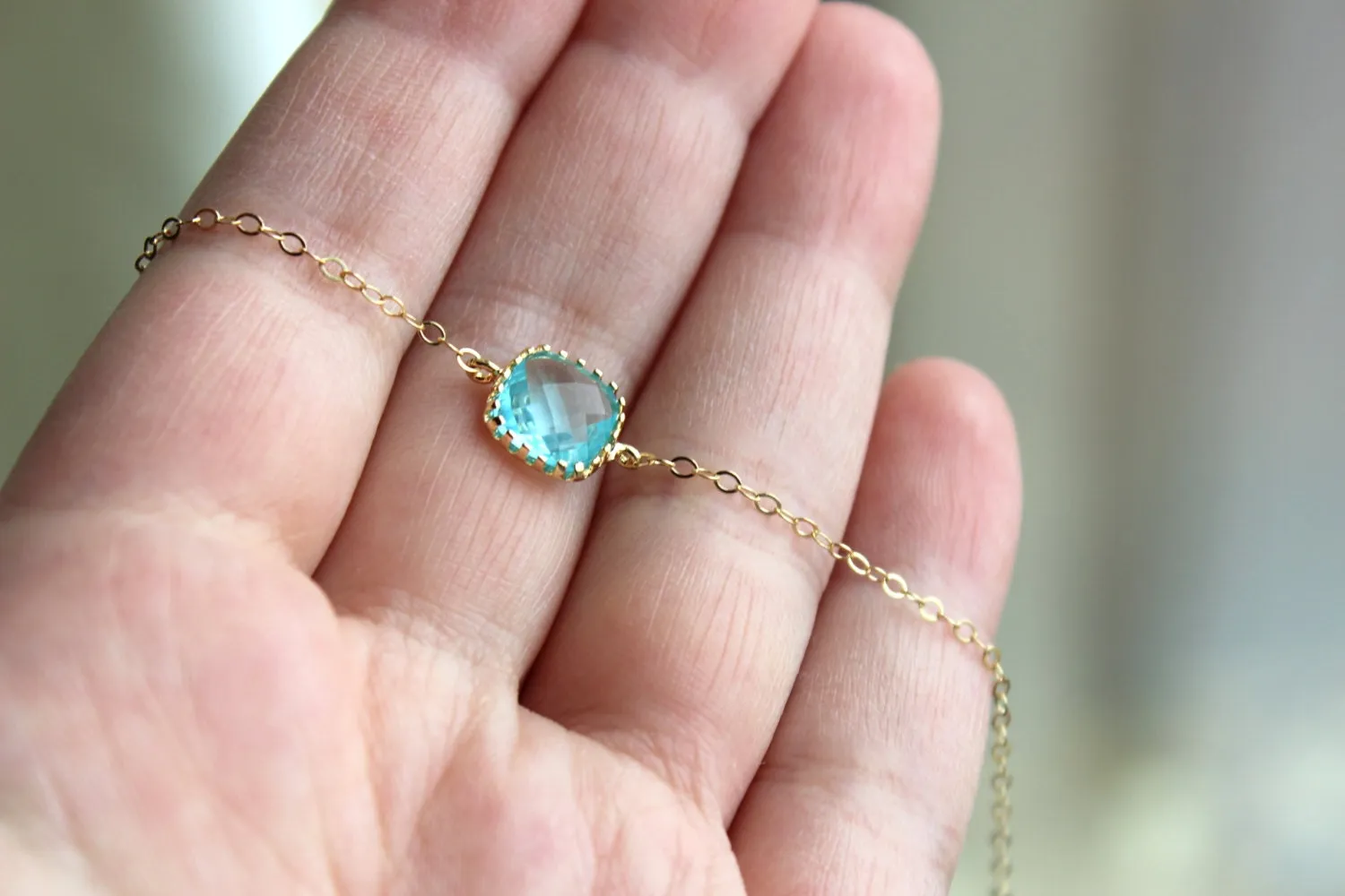 Dainty Aquamarine Blue Necklace Gold Filled Chain - Charm Necklace Aqua Bridesmaid Necklace - Aquamarine Wedding Jewelry - Gift under 25