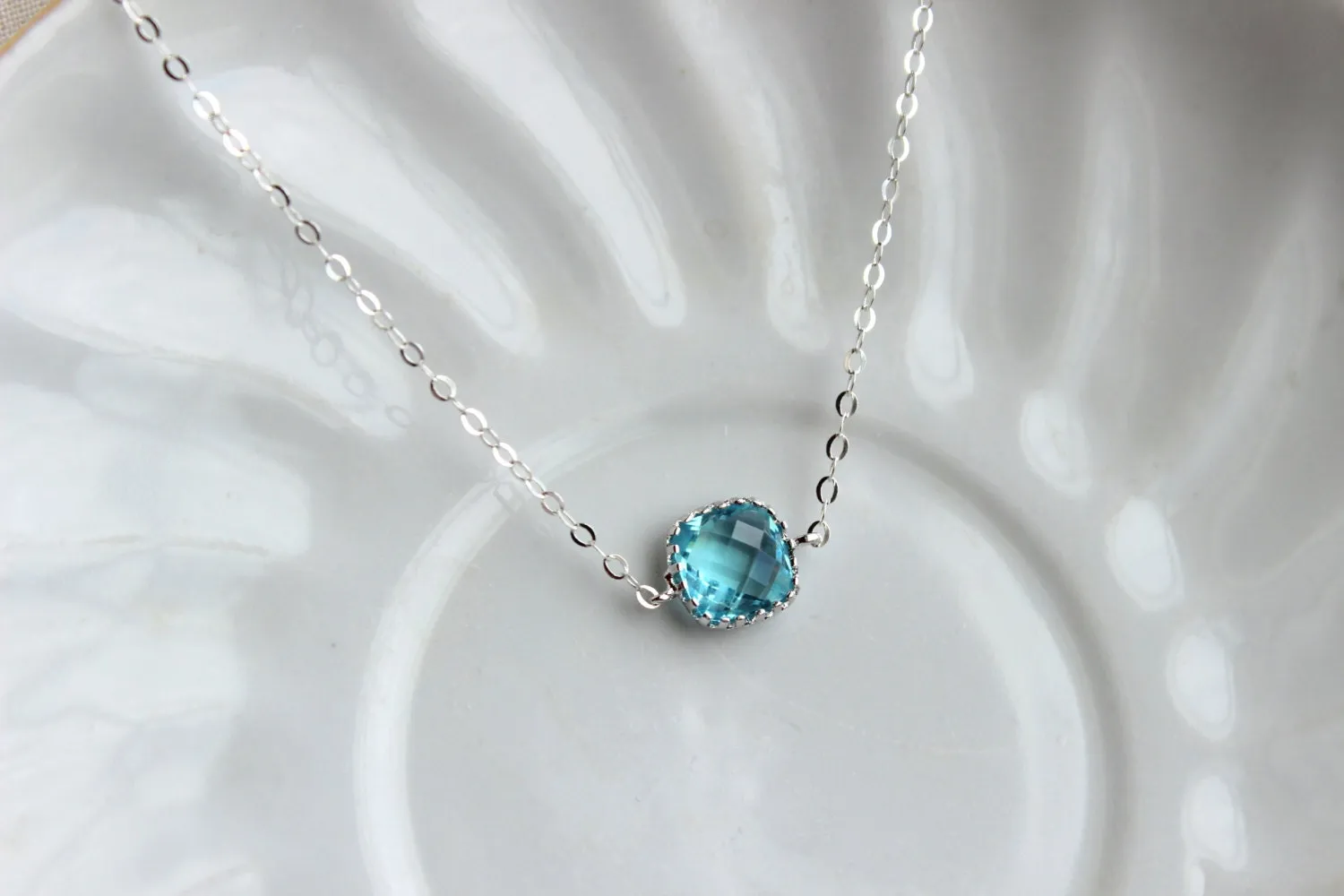 Dainty Aquamarine Blue Necklace Sterling Silver Chain - Charm Necklace Aqua Bridesmaid Necklace - Aquamarine Wedding Jewelry - Gift under 25