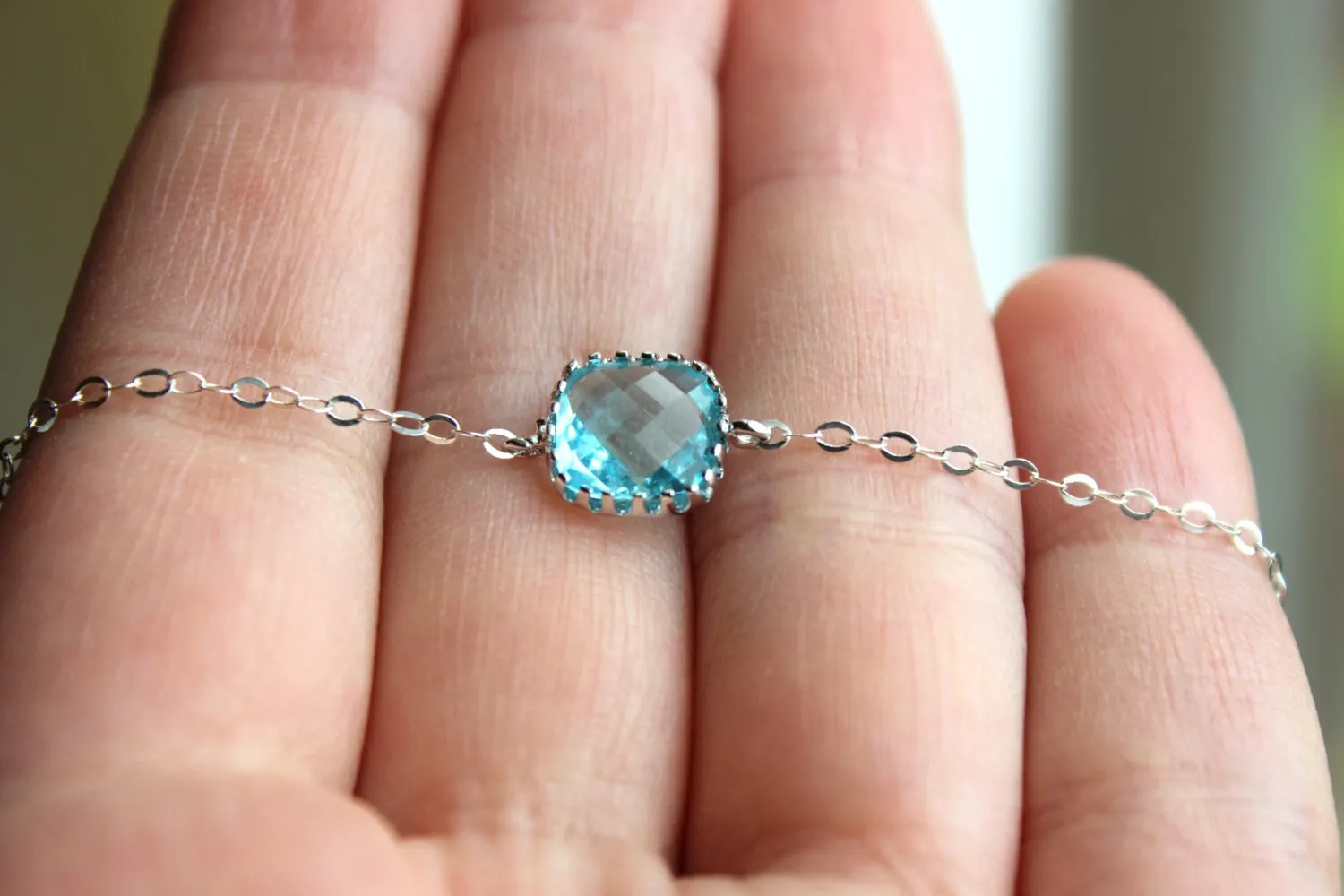 Dainty Aquamarine Blue Necklace Sterling Silver Chain - Charm Necklace Aqua Bridesmaid Necklace - Aquamarine Wedding Jewelry - Gift under 25