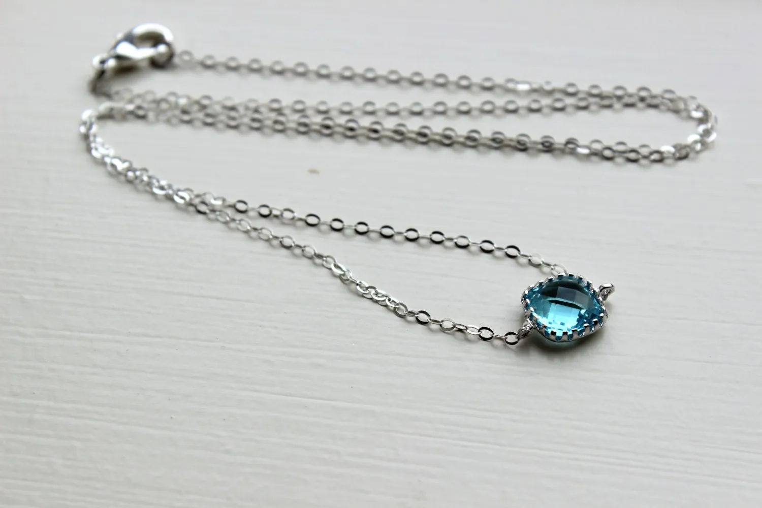 Dainty Aquamarine Blue Necklace Sterling Silver Chain - Charm Necklace Aqua Bridesmaid Necklace - Aquamarine Wedding Jewelry - Gift under 25