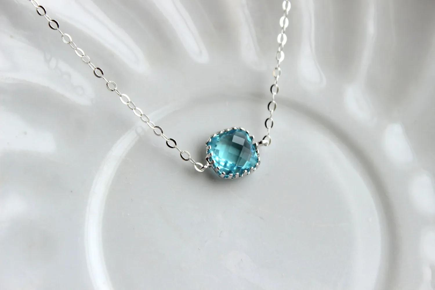 Dainty Aquamarine Blue Necklace Sterling Silver Chain - Charm Necklace Aqua Bridesmaid Necklace - Aquamarine Wedding Jewelry - Gift under 25