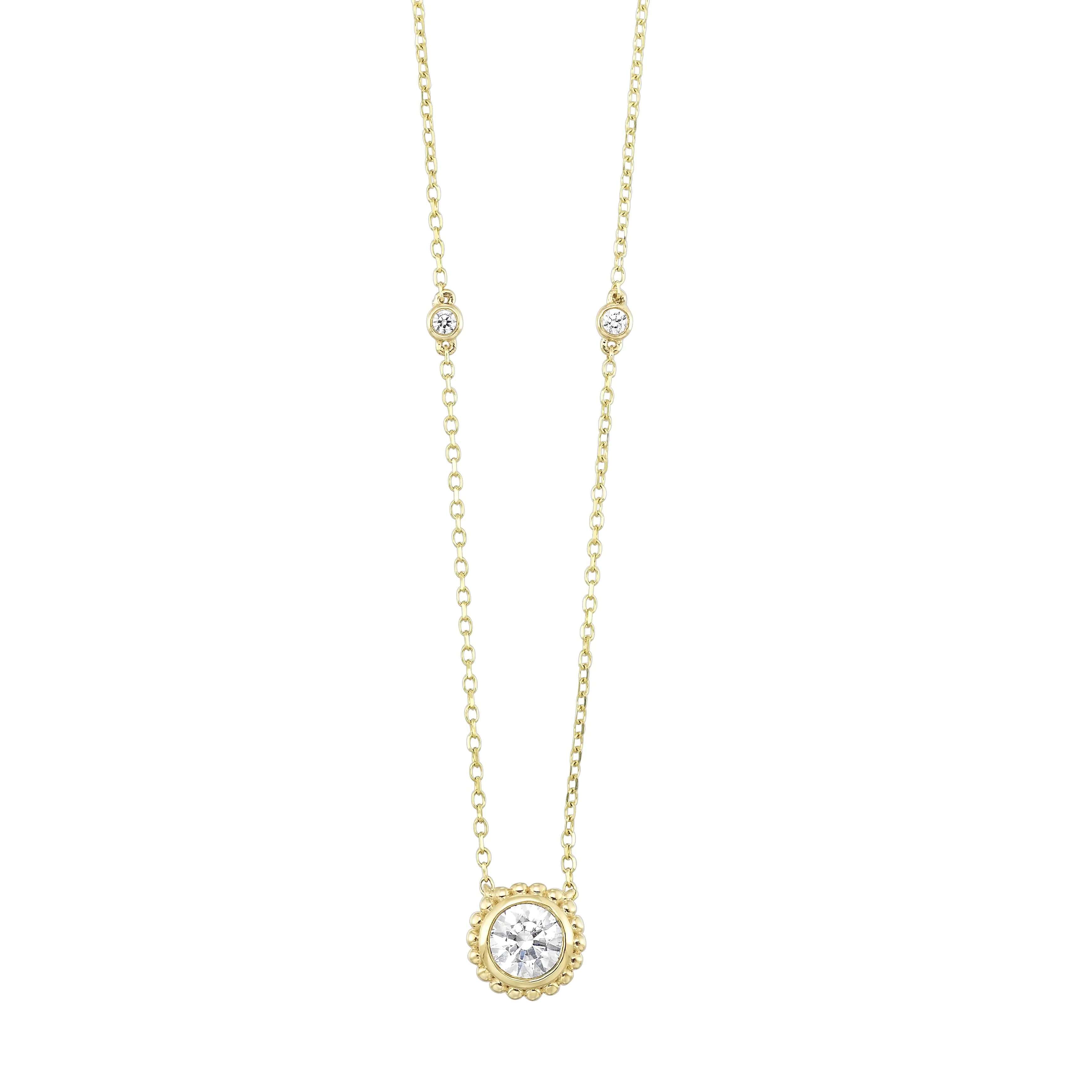 Delicate Lab-Created Round Diamond Bezel Set Beaded Stationary Necklace in Yellow Gold, 0.33 cttw