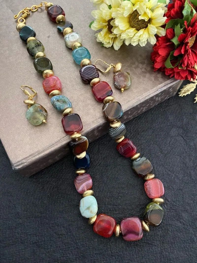 Designer Semi Precious Multi Color Chalcedony Stone Beads Necklace By Gehna Shop