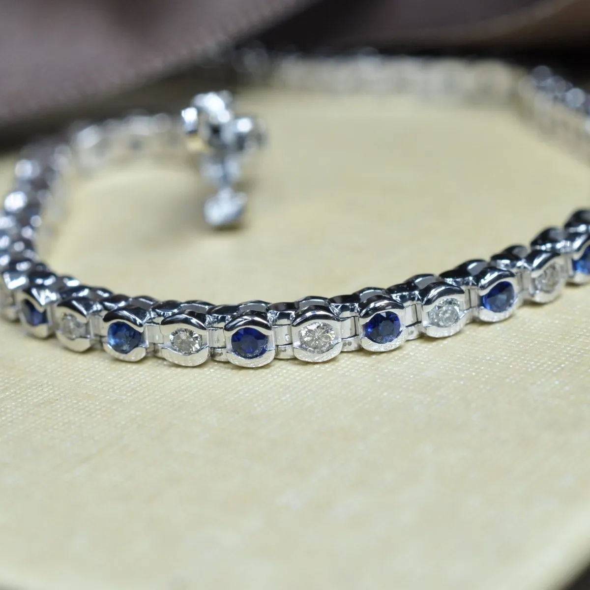 Enchanting 1.00 CT Round Cut Blue Sapphire and Diamond Color Stones Bracelet in 14KT White Gold