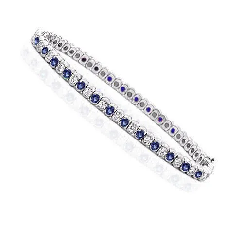 Enchanting 1.00 CT Round Cut Blue Sapphire and Diamond Color Stones Bracelet in 14KT White Gold