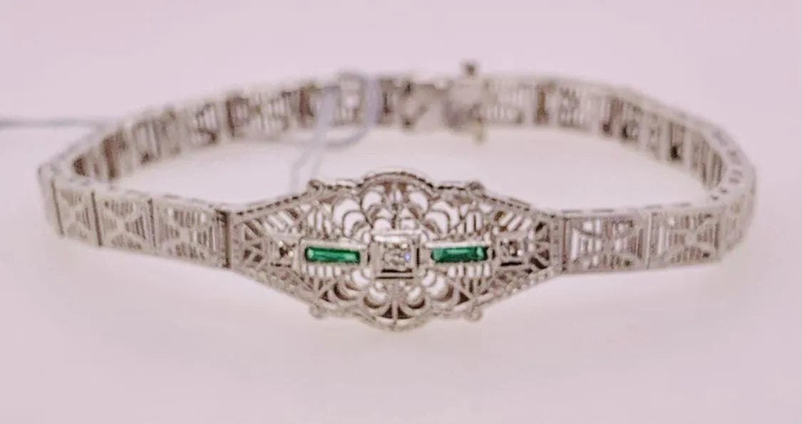 Estate Emerald and Diamond Filigree Bracelet