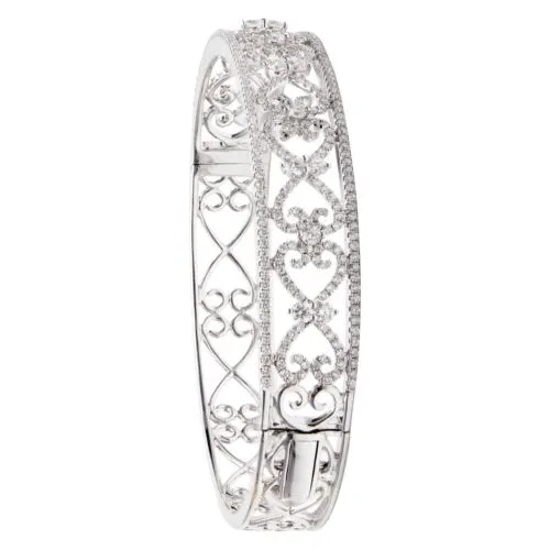 ESTATE WIDE 1.79CT DIAMOND 18K WHITE GOLD 3D OPEN FILIGREE HEART BANGLE BRACELET