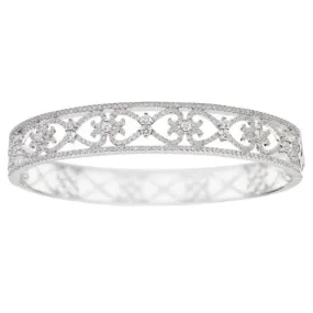 ESTATE WIDE 1.79CT DIAMOND 18K WHITE GOLD 3D OPEN FILIGREE HEART BANGLE BRACELET