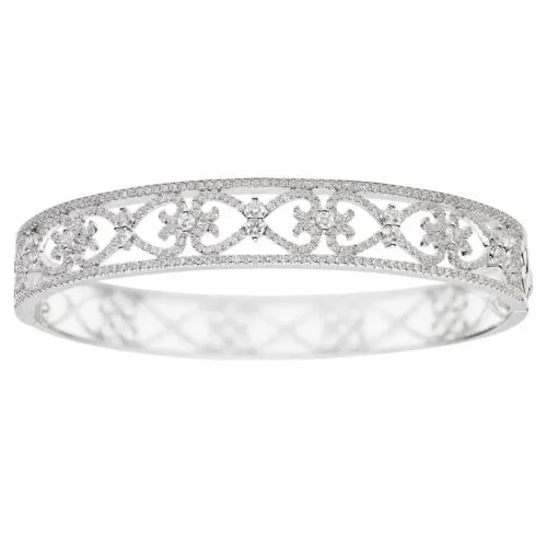 ESTATE WIDE 1.79CT DIAMOND 18K WHITE GOLD 3D OPEN FILIGREE HEART BANGLE BRACELET