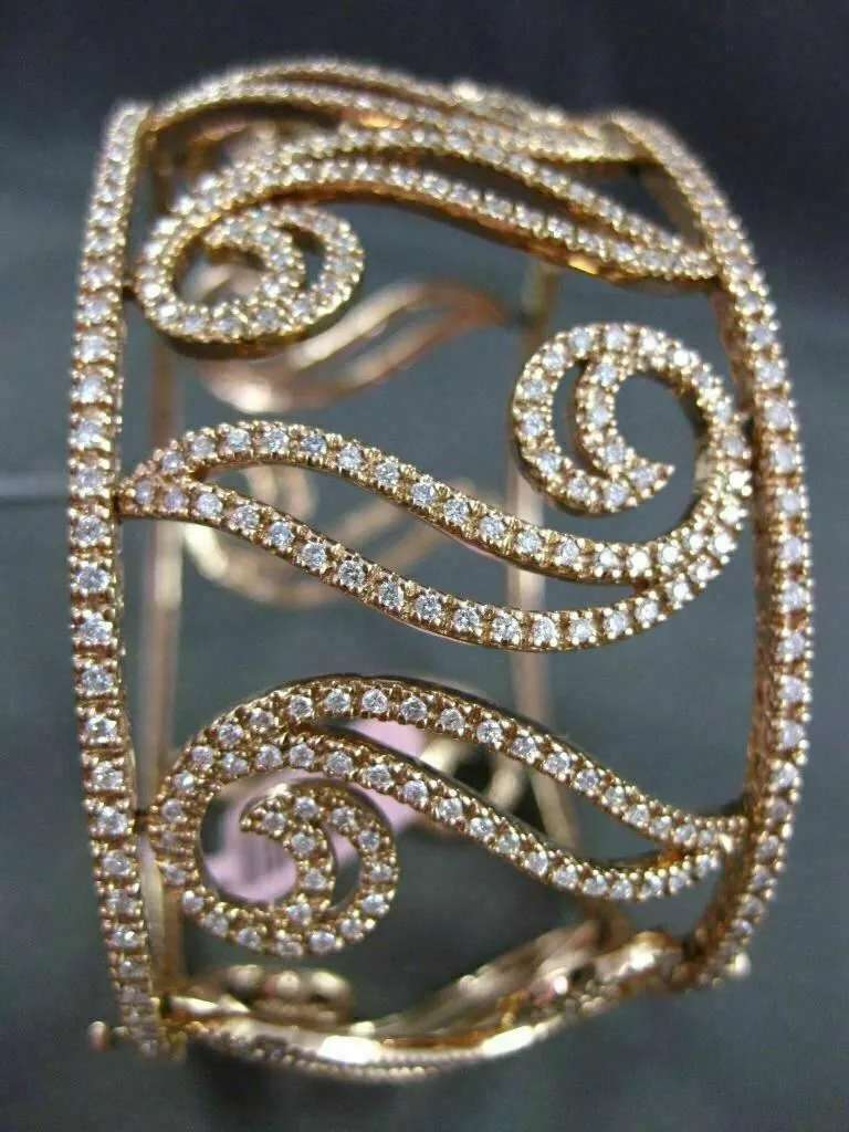 ESTATE WIDE 5.30CT DIAMOND 14KT ROSE GOLD 3D FILIGREE MULTI LEAF BANGLE BRACELET