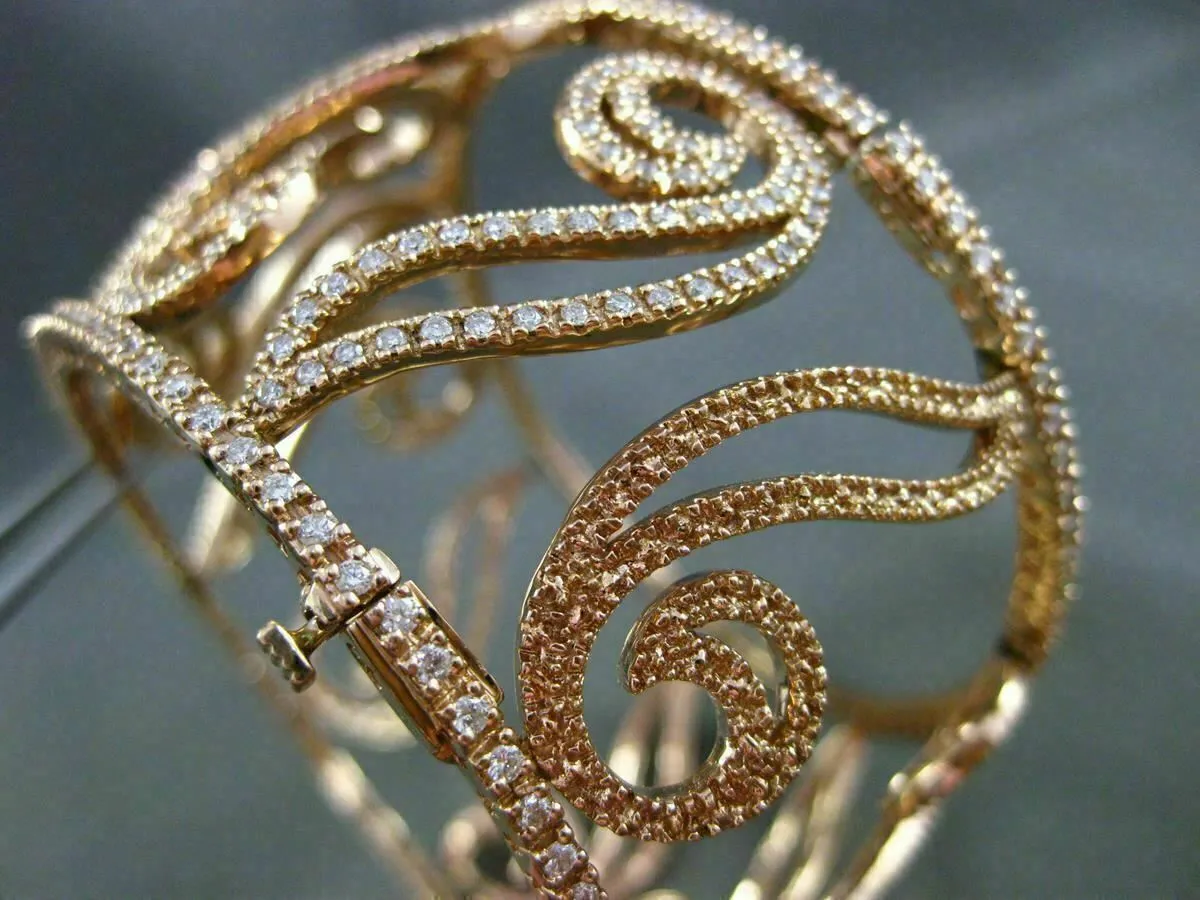 ESTATE WIDE 5.30CT DIAMOND 14KT ROSE GOLD 3D FILIGREE MULTI LEAF BANGLE BRACELET