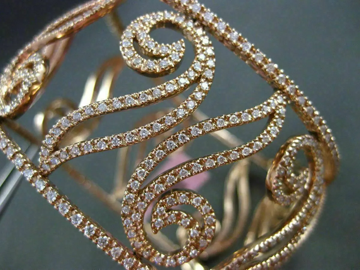 ESTATE WIDE 5.30CT DIAMOND 14KT ROSE GOLD 3D FILIGREE MULTI LEAF BANGLE BRACELET