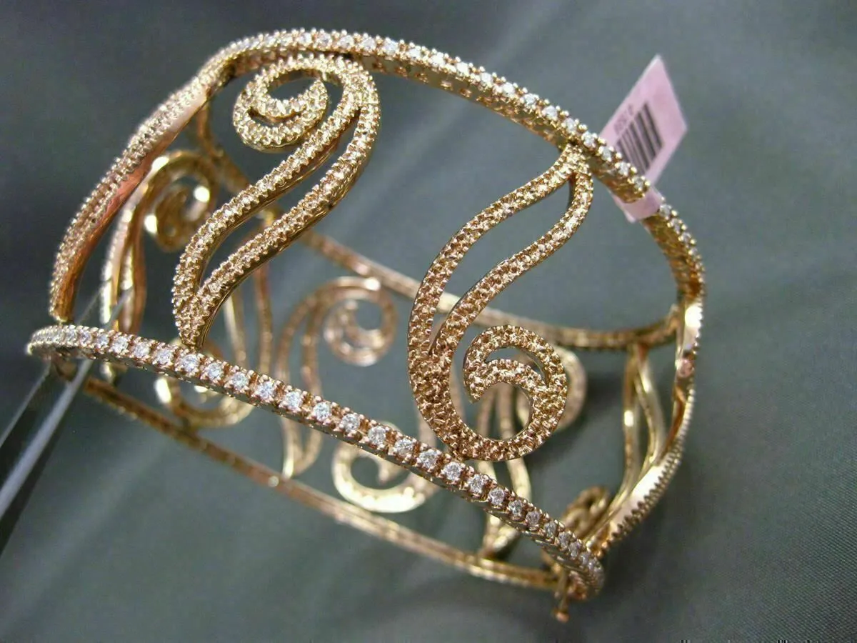 ESTATE WIDE 5.30CT DIAMOND 14KT ROSE GOLD 3D FILIGREE MULTI LEAF BANGLE BRACELET