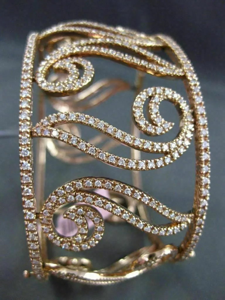 ESTATE WIDE 5.30CT DIAMOND 14KT ROSE GOLD 3D FILIGREE MULTI LEAF BANGLE BRACELET