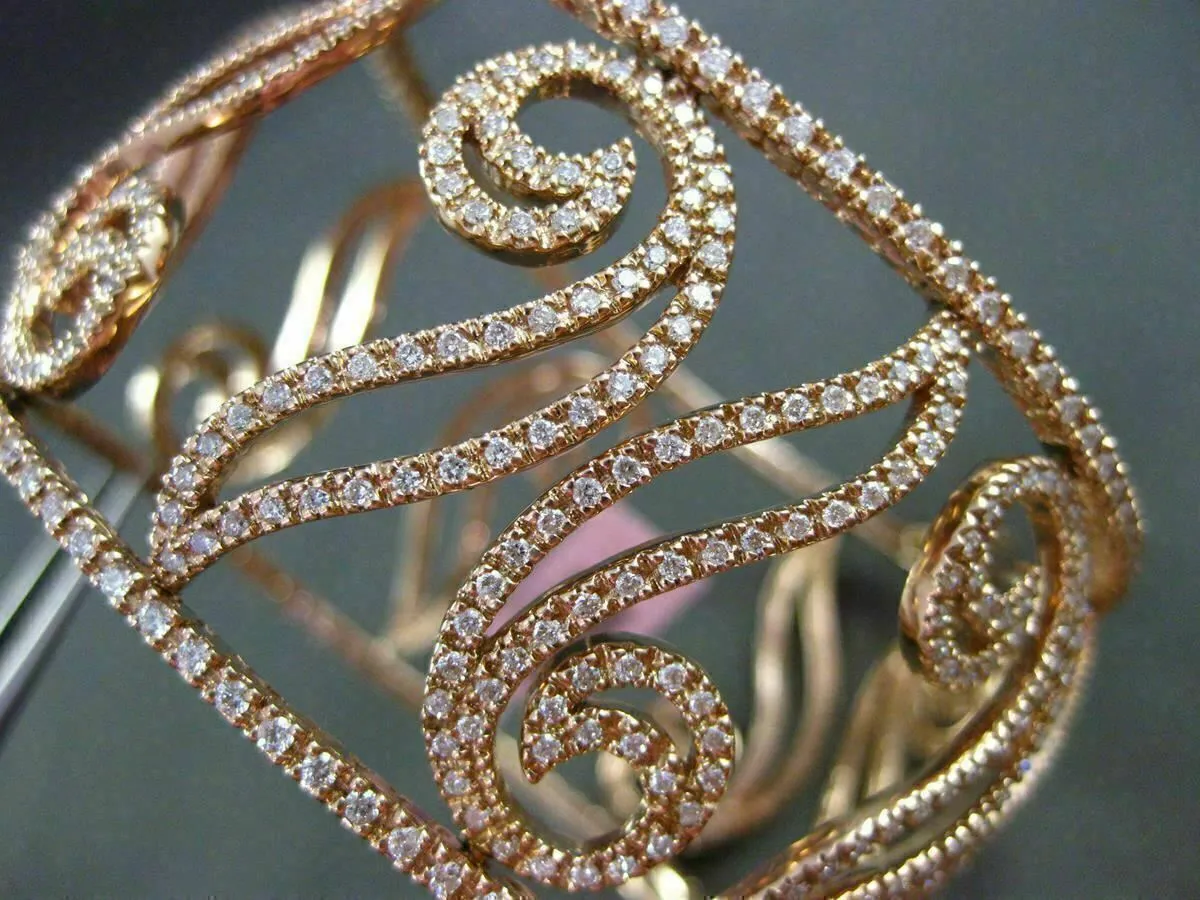 ESTATE WIDE 5.30CT DIAMOND 14KT ROSE GOLD 3D FILIGREE MULTI LEAF BANGLE BRACELET