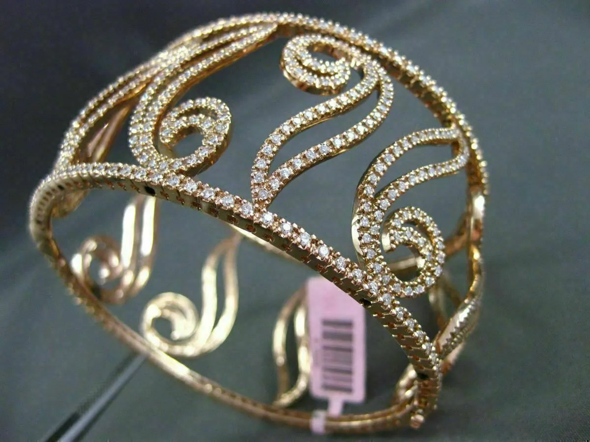 ESTATE WIDE 5.30CT DIAMOND 14KT ROSE GOLD 3D FILIGREE MULTI LEAF BANGLE BRACELET