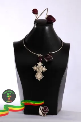 Ethiopian Cross Necklace Bracelet Ring set Filigree Silver work on black Agate