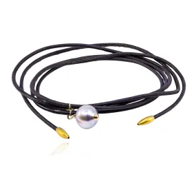 EXCLUSIVELY BY NINA 41-INCH SLIM BLACK LEATHER WRAP BRACELET OR NECKLACE WITH GREY PEARL DROP