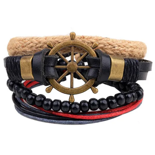 Fashion accessories Rope Wood Bead Leather Bracelets & bangles 1 Sets Multilayer Braided Wristband Bracelet Men pulse